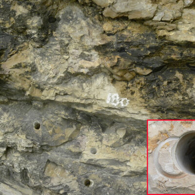Numeración de un estrato y agujeros de muestras paleomagnéticas